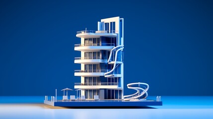 Narrow tower apartment model with cantilevered balconies, placed against solid deep cobalt blue background, ultra-modern finish .
