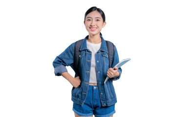Asian student in a denim jacket holding a tablet and smiling while looking away, isolated on a png background.