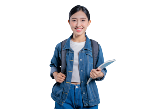 Asian student in a denim jacket holding a tablet and smiling while looking away, isolated on a png background.