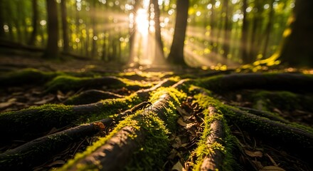 Sunlit Roots Mossy Tree Roots in a Forest with Sun Rays