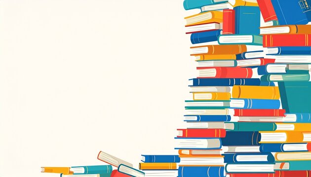 International Literacy Day. Colorful illustration of a stack of books, piled high against a white background, creating a visual representation of knowledge and learning.