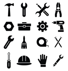 Obraz premium Black Silhouette Icons of Tools and Hardware for Construction and Repair