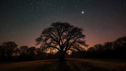 Mystical Forest Twilight with Cosmic Sky and Ancient Oak Astrophotography Fantasy Scene