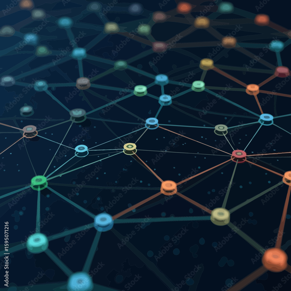 Poster artistic abstract interconnected network illustration with dots and lines on dark background