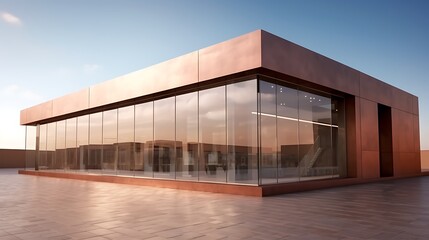 Rectilinear retail building with full glass front fa? section ade, placed on muted clay background, elegant angles and real shadows .