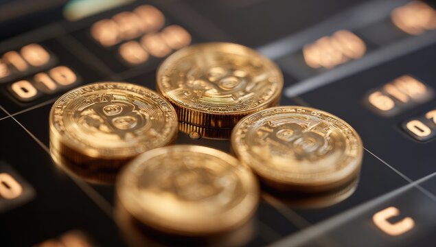 Golden Bitcoin coins on a dark digital display