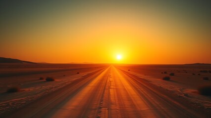 A desert road splits under a golden sunset, creating a striking contrast with warm hues.