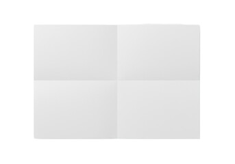A single, pristine bright white sheet of paper, meticulously folded twice into four equal rectangular sections with clear crease lines, on a transparent background with abundant copy space under