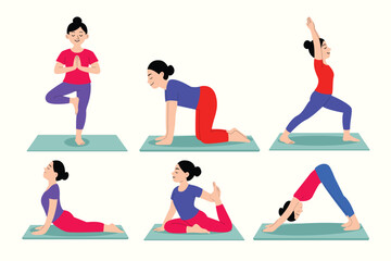 Flat Design Yoga Poses Illustration – Women Practicing Various Yoga Asanas on Mat