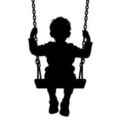 Silhouette of a boy sitting on swing, black and white illustration, childhood play and freedom concept