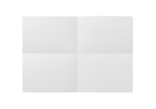 A single, pristine bright white sheet of paper, meticulously folded twice into four equal rectangular sections with clear crease lines, on a transparent background with abundant copy space under