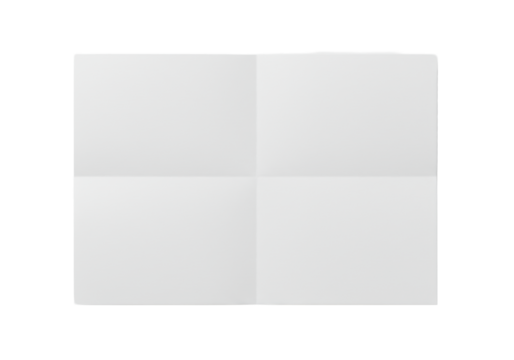 A single, pristine bright white sheet of paper, meticulously folded twice into four equal rectangular sections with clear crease lines, on a transparent background with abundant copy space under