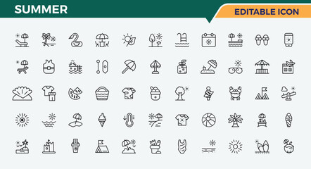 Summer modern line icon set. Includes symbols for recreation, travel, tour, leisure, vacation, beach and more. Minimalist icons collection. Editable vector illustration. Travel line icon set.