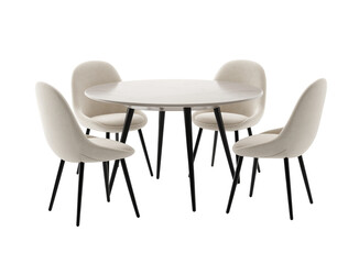 A set of four chairs and round table isolated on a transparent background