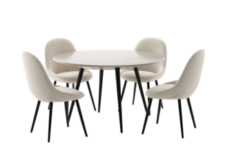 A set of four chairs and round table isolated on a transparent background