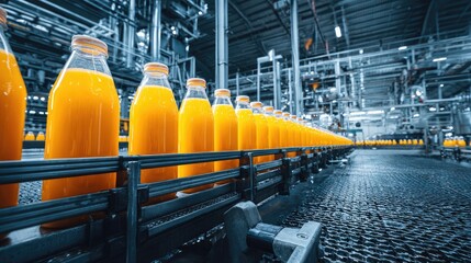 Bottles of orange juice on a factory production line.