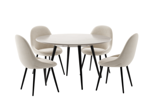 A set of four chairs and round table isolated on a transparent background