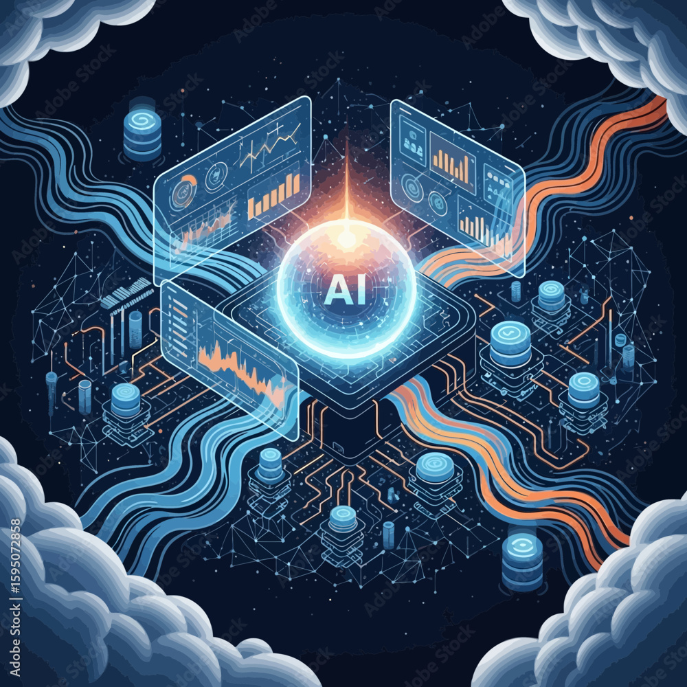 Poster isometric futuristic artificial intelligence data processing network system diagram illustration