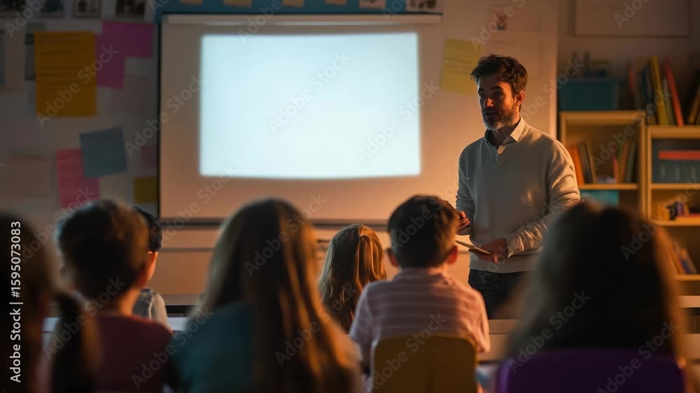 Poster elementary school pupils attentively listening to their teacher while engaging in a lesson, gatherin