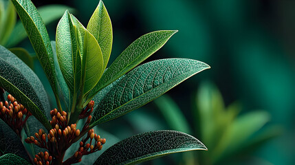 Close-up of Lush Green Leaves with Red Buds