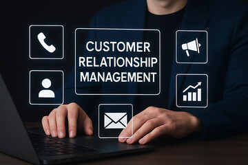 Businessman Typing on Laptop with CRM Icons Illustrating Customer Relationship Management and Digital Marketing Tools