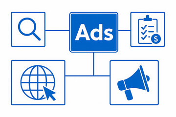 Digital Advertising Concept Diagram with Icons for Budgeting, Search, Global Reach, and Promotion