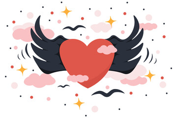 Dark Winged Heart Amidst Clouds and Flying Birds. Romantic Love Symbol with Fantasy Elements