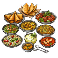 A delicious spread of Indian cuisine featuring various dishes including biryani, curry, and samosas in a vibrant setting on transparent background