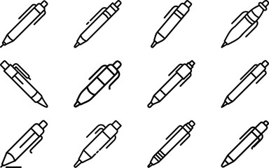 Collection of black and white line art illustrations depicting various ballpoint pens