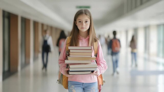 Elementary school student carrying many books along a school hallway with other pupils walking in the background, representing back to school and education concepts