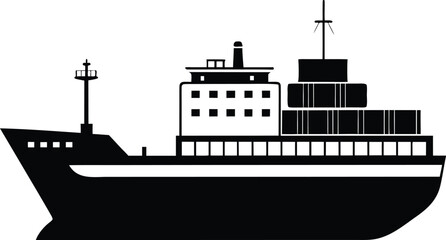 Obraz premium Container ship silhouette, cargo vessel icon, freight transport vector, maritime shipping graphic