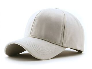 Fototapeta premium A plain white baseball cap is displayed on a white background, angled to the left, showcasing its curved brim and six-panel construction.