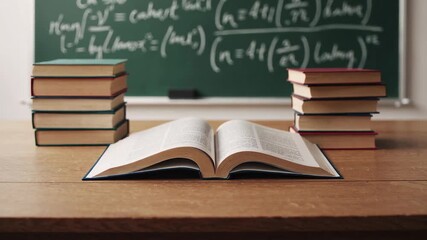Open book lies on a wooden desk, flanked by stacks of books, with a blackboard filled with mathematical equations in the background, creating a studious classroom atmosphere - Powered by Adobe