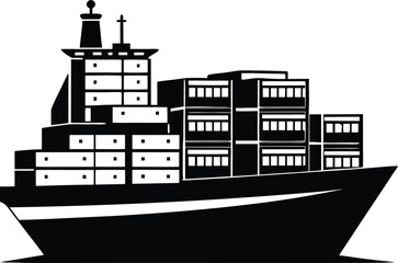 Container ship silhouette, cargo vessel icon, freight transport vector, maritime shipping graphic