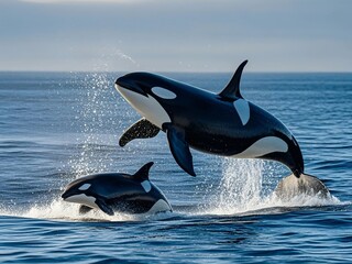 Orca whales and their calves are swimming together in the vast ocean with the sunset