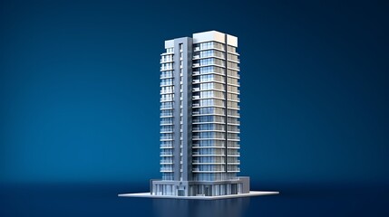 Slim-profile tower block model with horizontal louver shades, on charcoal blue solid background, clean lines, sharp clarity .
