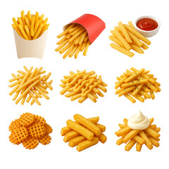 collection of French fries, isolated white background
