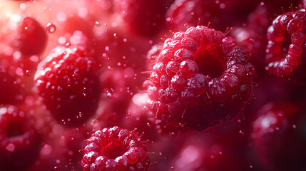 Close-up of fresh, ripe raspberries floating in water with bubbles, illuminated by a vibrant red light, showcasing their texture and color.
