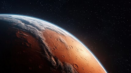 Fototapeta premium Earth viewed from Mars' surface, with the red planet's rocky landscape framing the scene