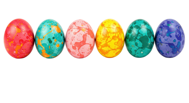 Ten individual hand-painted Easter eggs, each with abstract marbling & splattered patterns in vibrant ruby red, orange, yellow, teal, pink, blue, green, purple, arranged in a row on a transparent