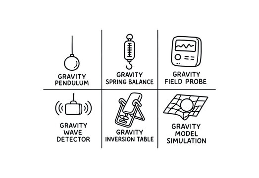 gravity pendulum bob, gravity spring balance, gravity field probe, gravity wave detector, gravity inversion table, gravity model simulation