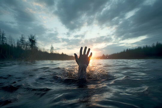 Person struggling in water at beach during cloudy day evokes feelings of urgency and distress while seeking help