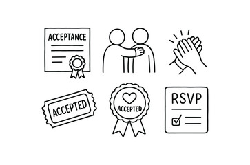 acceptance certificate seal, acceptance pat on back, acceptance applause cue, acceptance admission ticket, acceptance merit badge, acceptance RSVP card