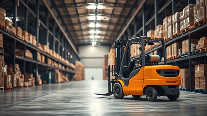 Fototapeta premium Industrial warehouse scene with a forklift, highlighting logistics in natural ambient light.