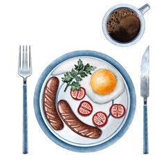 Breakfast watercolor composition, fried eggs, sausage, cutting board, toast, cherry tomatoes, coffee, plate, garlic, illustration