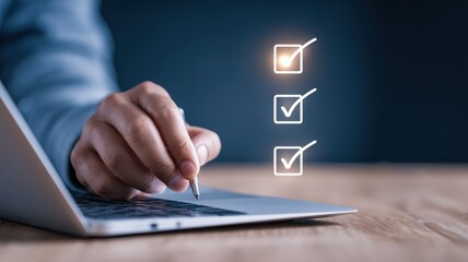 project management execution control. A hand checking off tasks on a laptop, symbolizing productivity and organization.