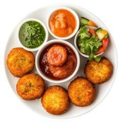 Crispy Indian Aloo Tikki with Chutneys and Salad on a White Plate on transparent background