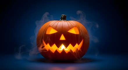 Glowing Jack-o-lantern on a dark blue background, surrounded by ethereal smoke, creating a spooky and mysterious Halloween atmosphere. The carved face is menacing yet captivating.