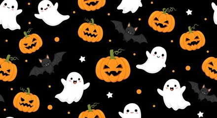 Obraz premium Adorable ghosts, grinning pumpkins, and playful bats dance across a dark canvas, creating a charming Halloween night scene. Perfect for festive decorations