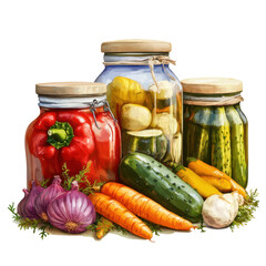 Colorful Jars of Pickled Vegetables with Fresh Produce on a Rustic Surface on transparent background